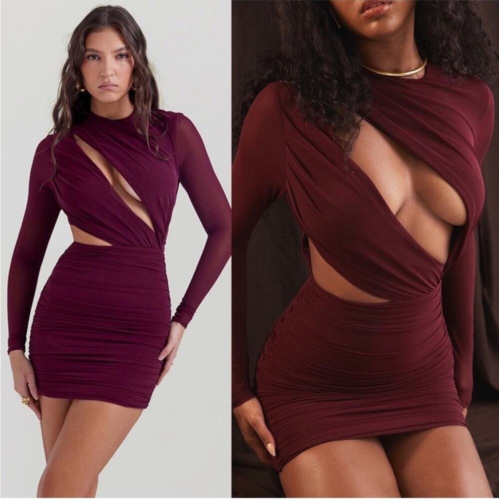 House of CB Lucinda Sheer Long Sleeve Cut Out Bodycon Mini Dress in Mulberry  XS